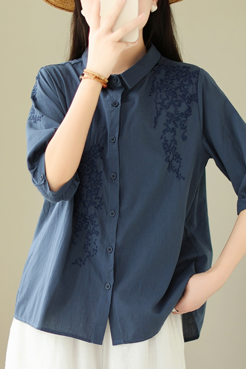 Plus Size Cotton Linen Embroidery Shirt Blouse
