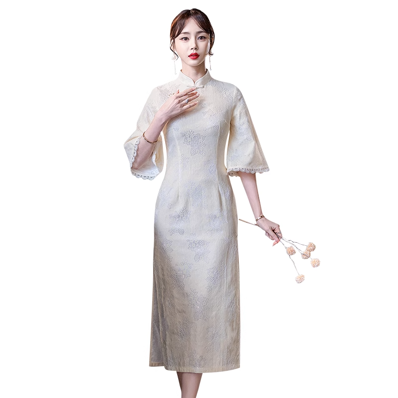Plus Size Cream White Cheongsam Qipao Dress