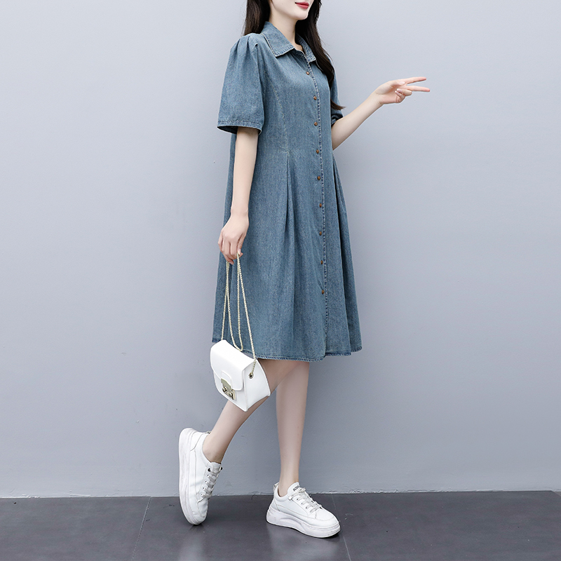 Plus Size Denim Buttons Pleat A Line Shirt Dress