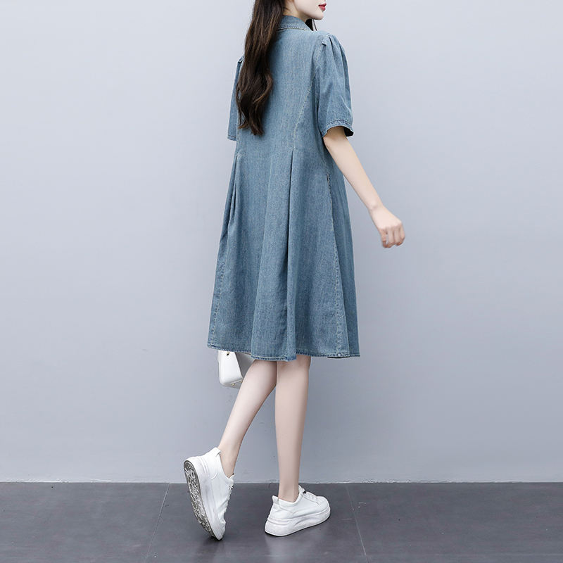 Plus Size Denim Buttons Pleat A Line Shirt Dress