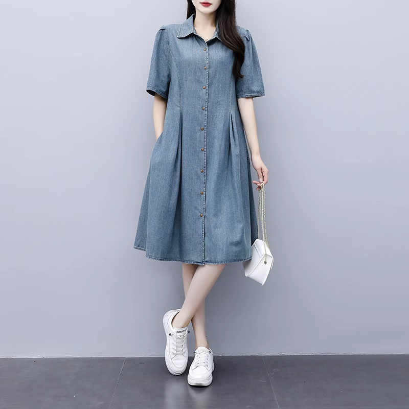 Plus Size Denim Buttons Pleat A Line Shirt Dress