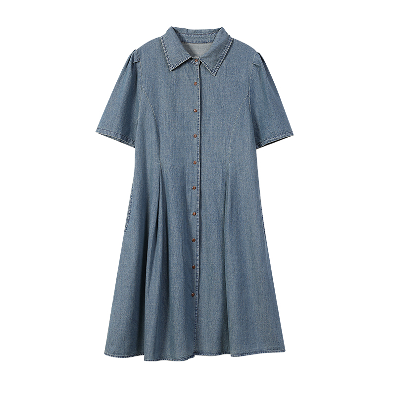 Plus Size Denim Buttons Pleat A Line Shirt Dress