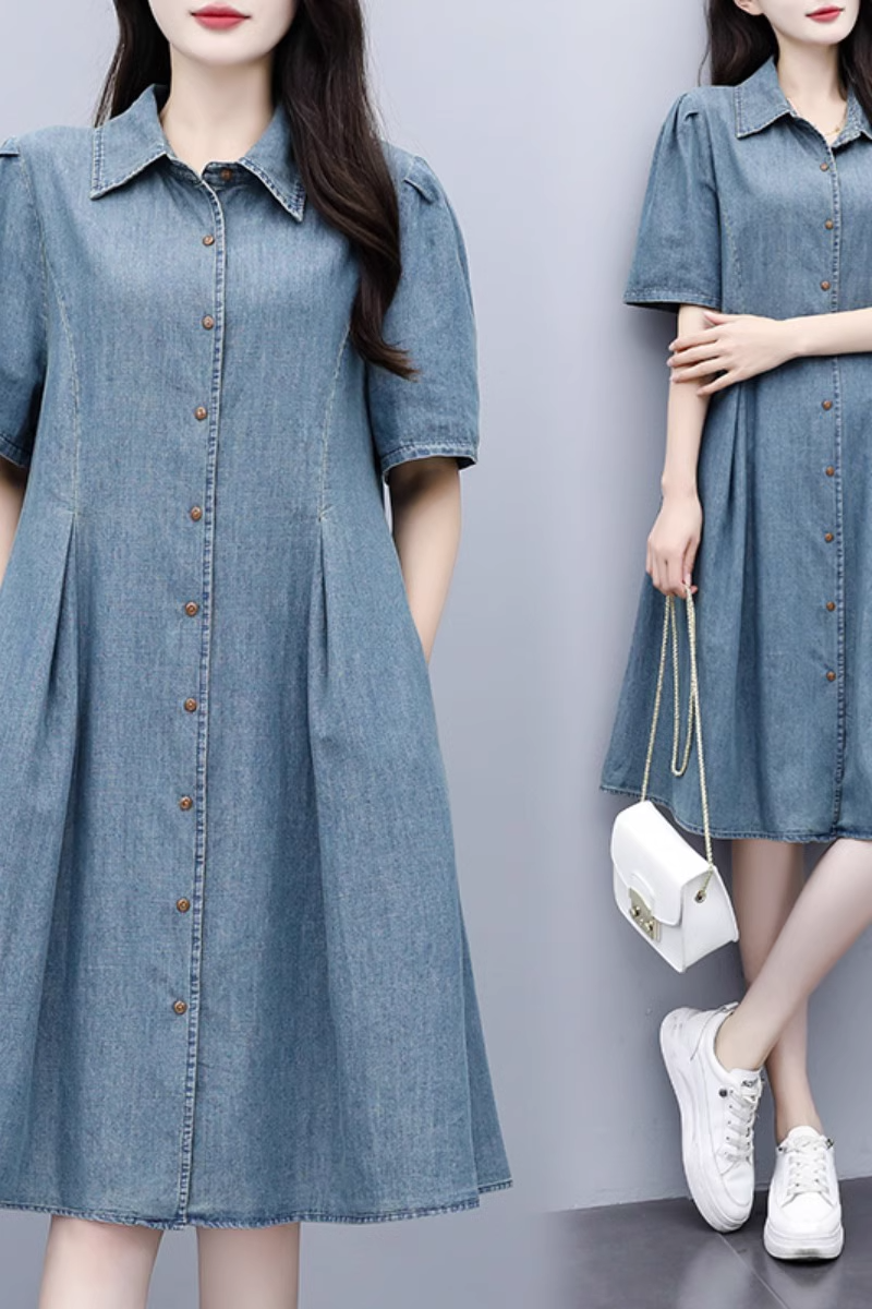 Plus Size Denim Buttons Pleat A Line Shirt Dress