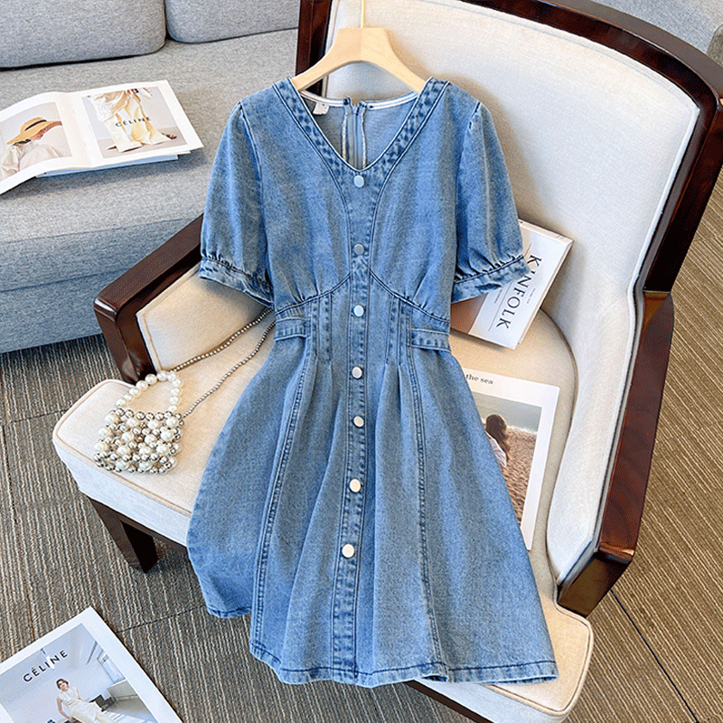 Plus Size Denim V Neck Korean Dress