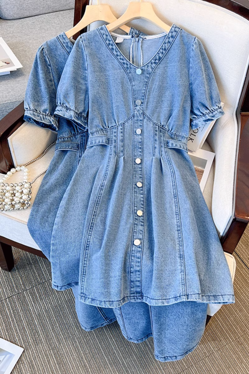 Plus Size Denim V Neck Korean Dress