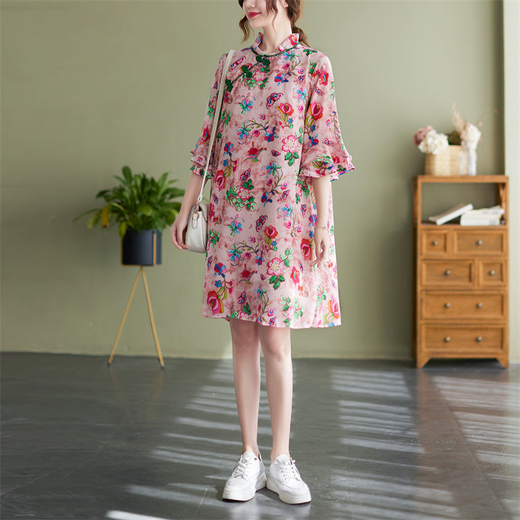 Plus Size Floral Chiffon Cheongsam Dress