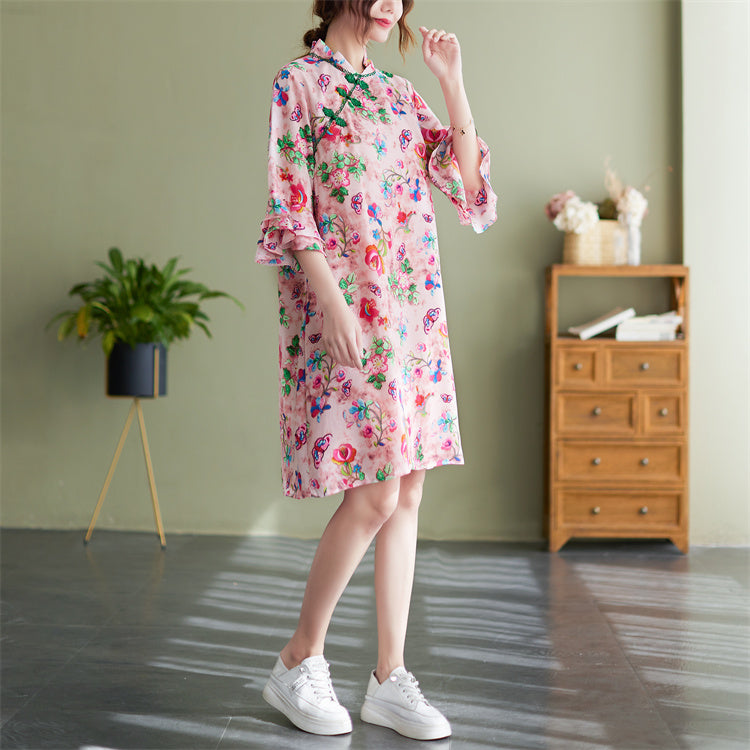 Plus Size Floral Chiffon Cheongsam Dress