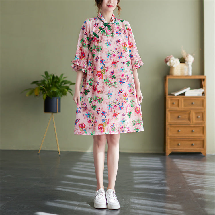 Plus Size Floral Chiffon Cheongsam Dress