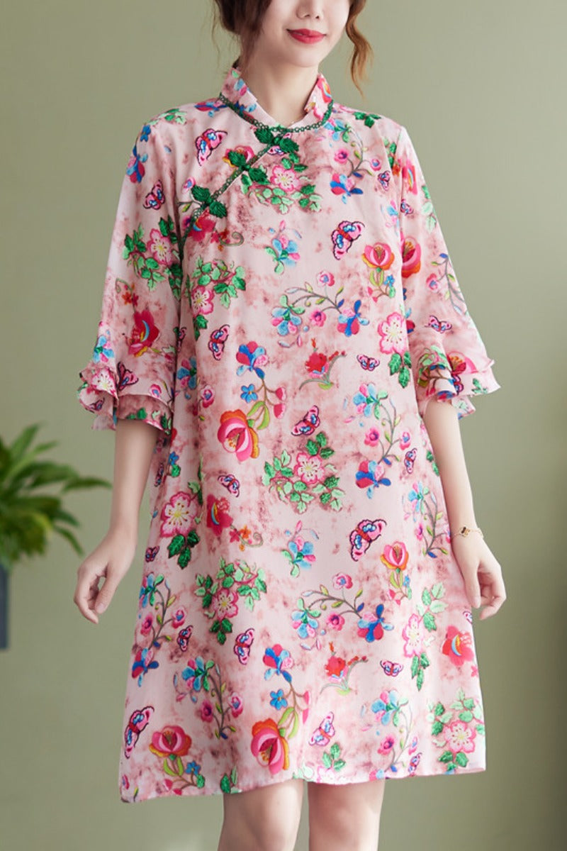 Plus Size Floral Chiffon Cheongsam Dress