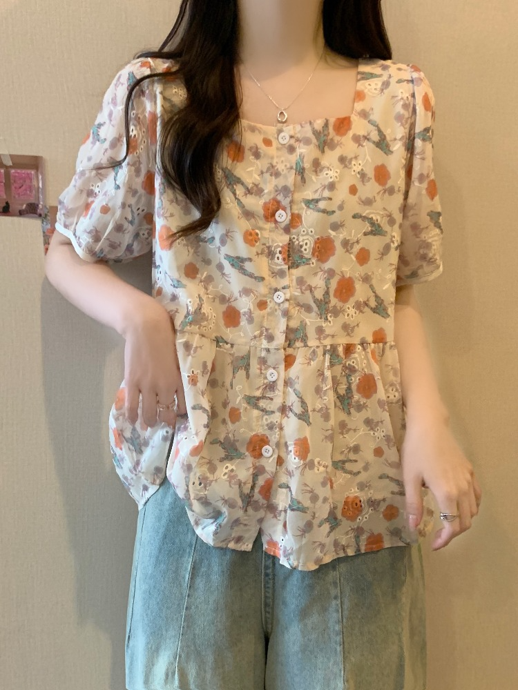 Plus Size Floral Square Neck Peplum Blouse
