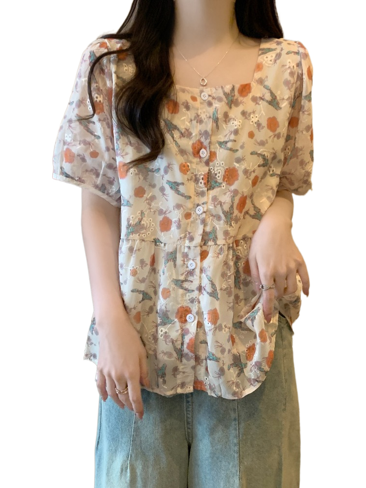 Plus Size Floral Square Neck Peplum Blouse