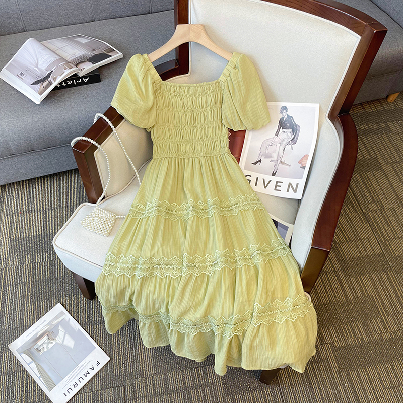 Plus Size Green Lace Square Neck Korean Dress