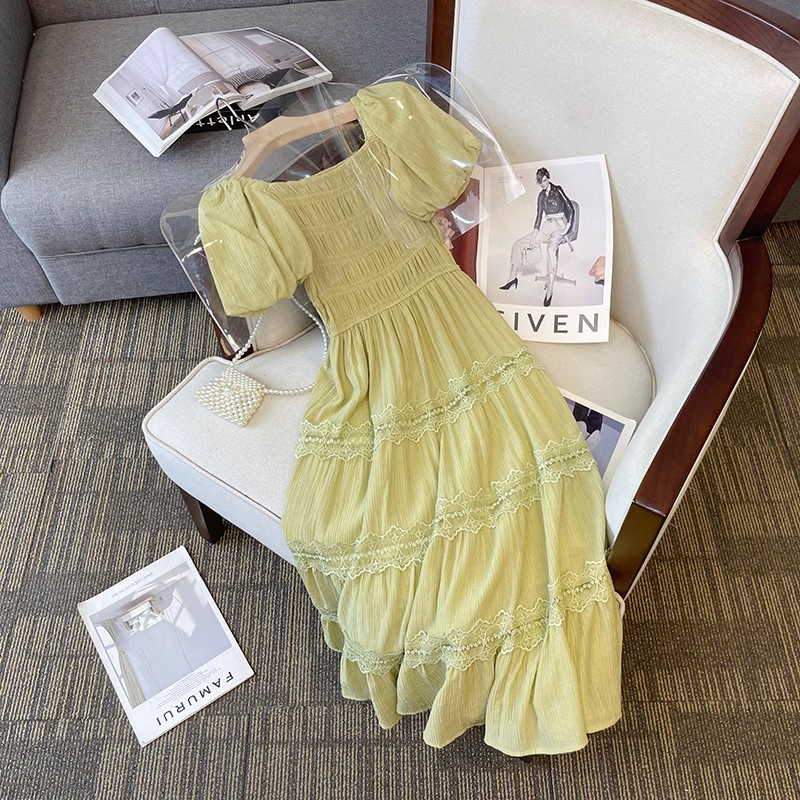 Plus Size Green Lace Square Neck Korean Dress