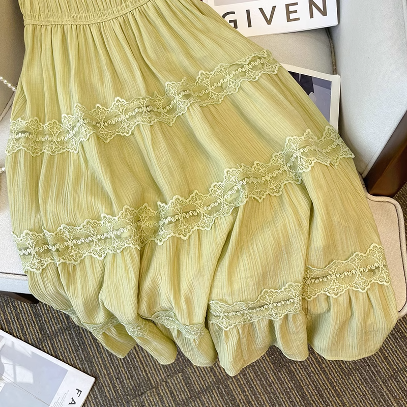 Plus Size Green Lace Square Neck Korean Dress