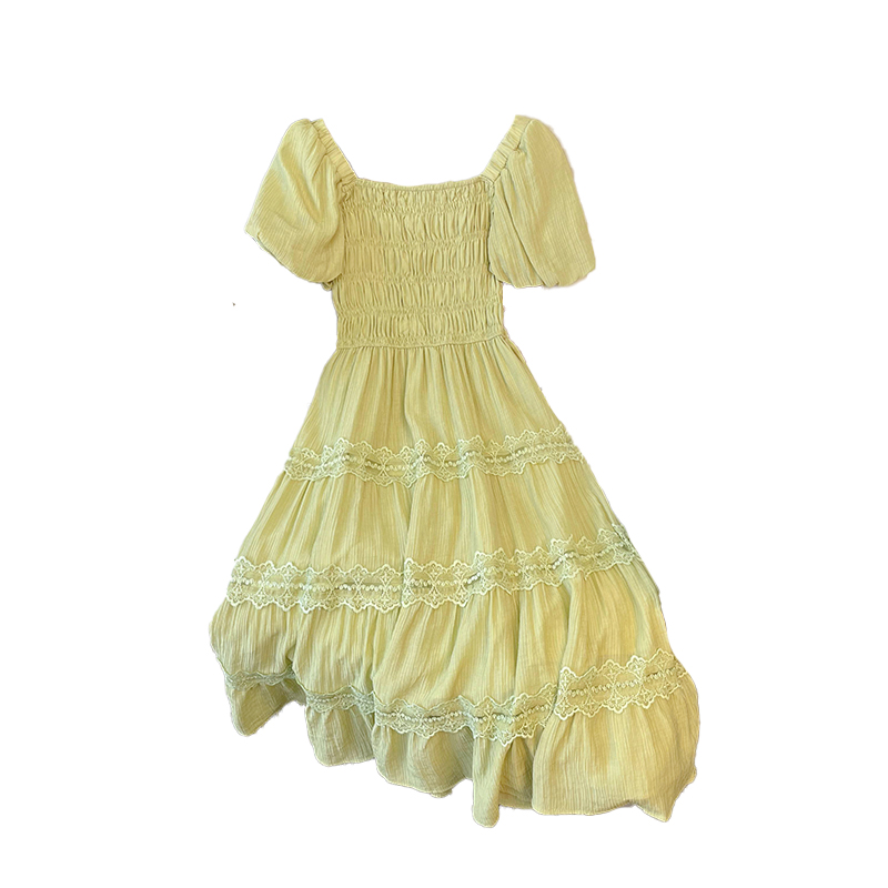 Plus Size Green Lace Square Neck Korean Dress