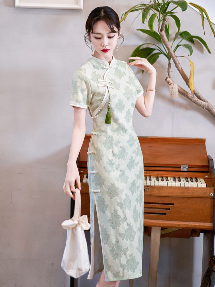 Plus Size Green Textured Midi Cheongsam Dress