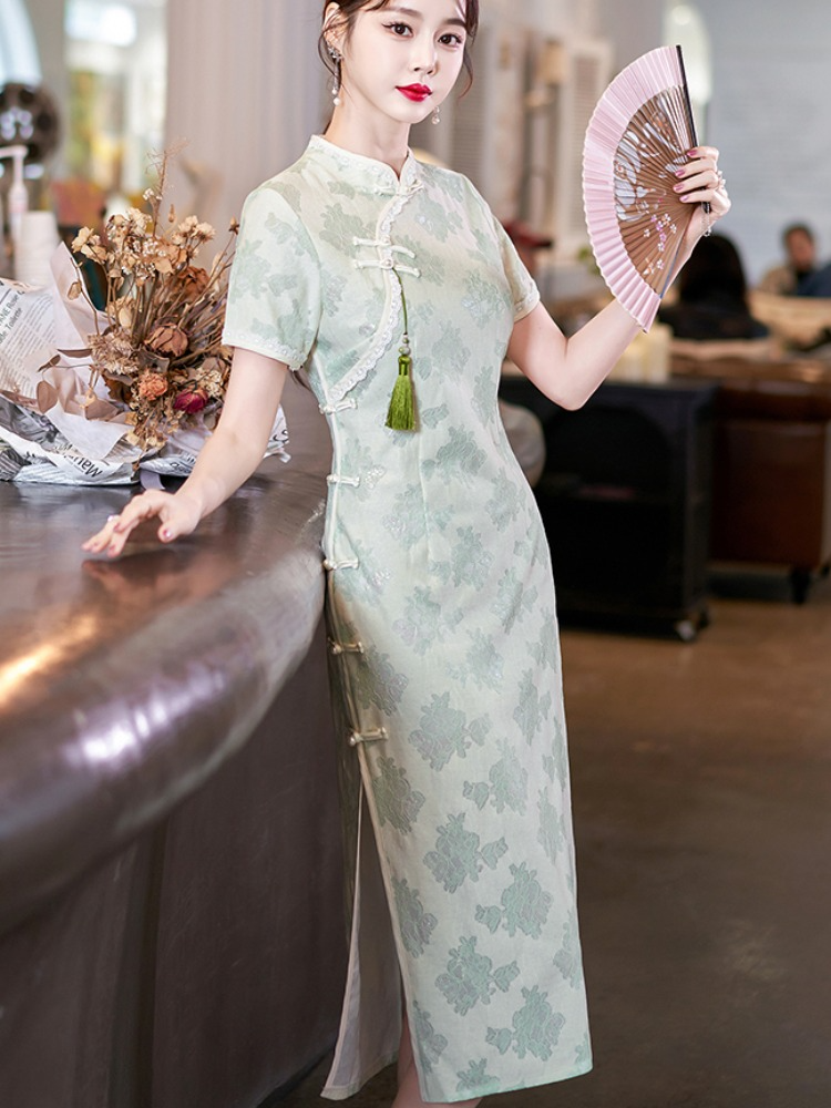 Plus Size Green Textured Midi Cheongsam Dress