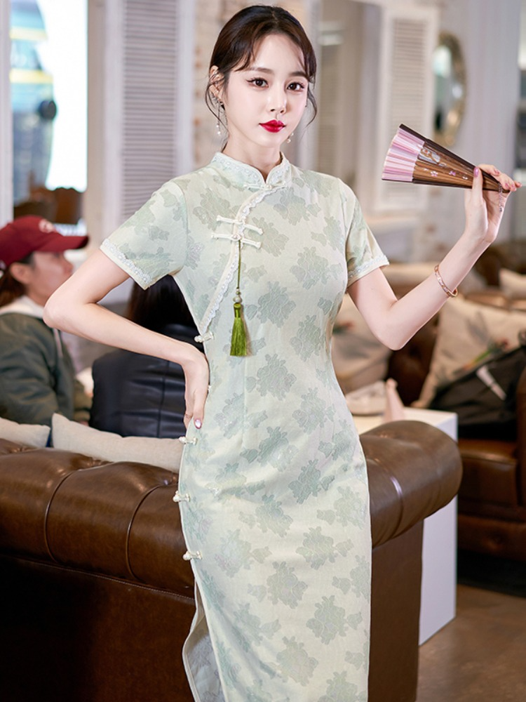 Plus Size Green Textured Midi Cheongsam Dress