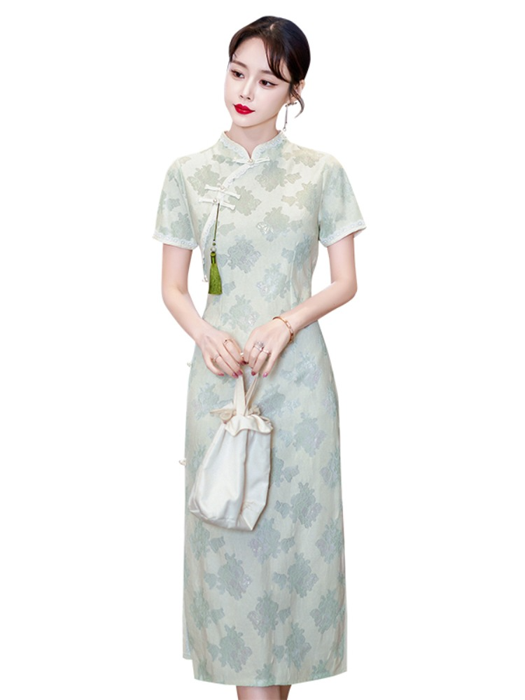 Plus Size Green Textured Midi Cheongsam Dress
