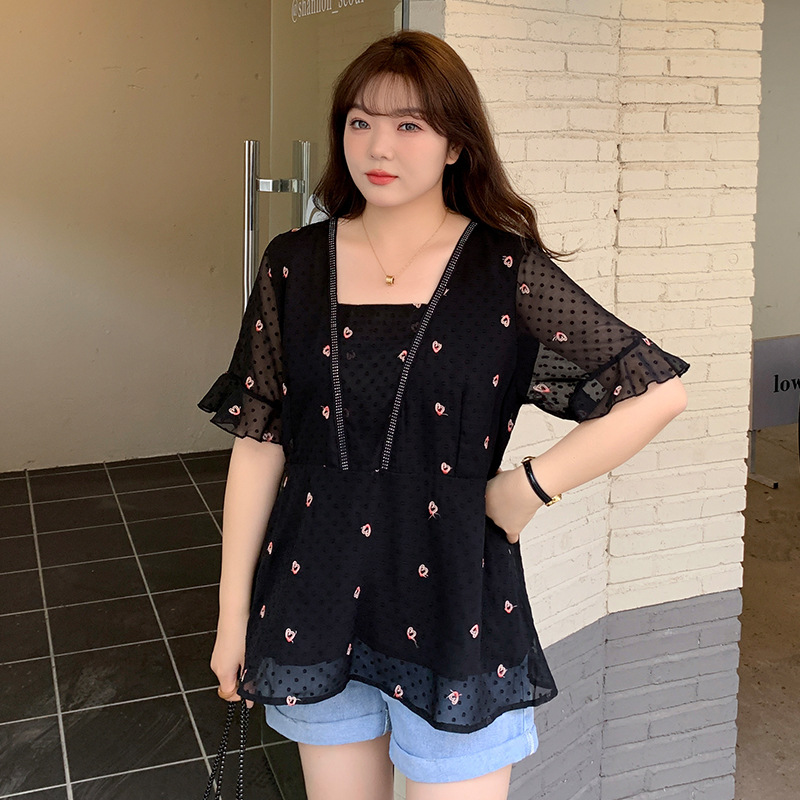 Plus Size Hearts Embroidery Peplum Blouse (Extra Big Size)