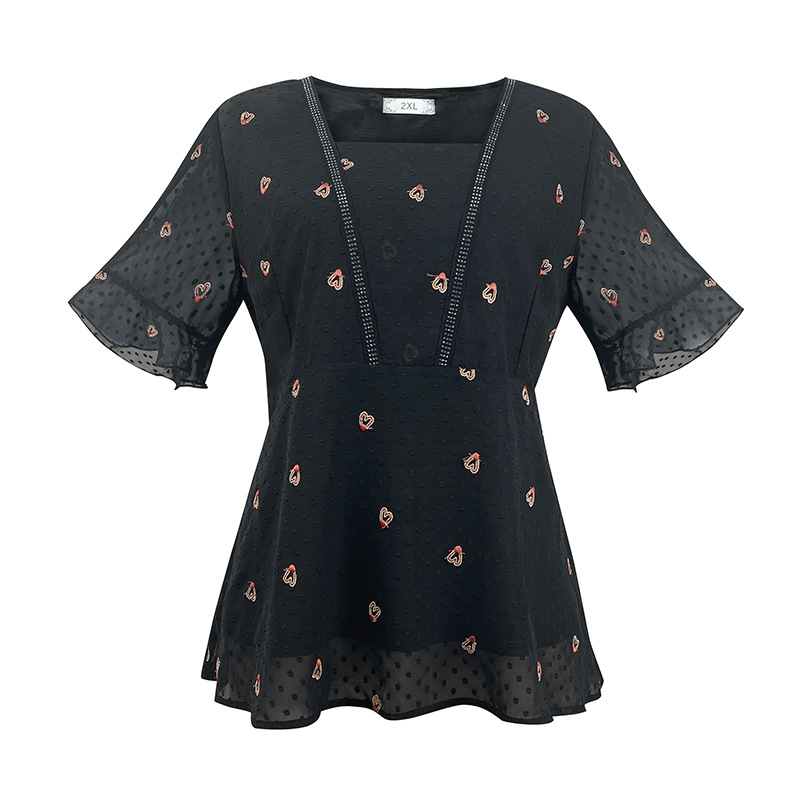 Plus Size Hearts Embroidery Peplum Blouse (Extra Big Size)