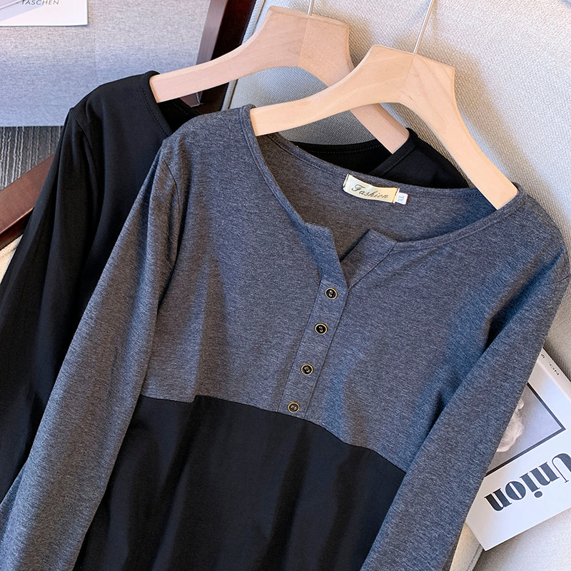 Plus Size Henley Button Notch Neck Long Sleeve Top