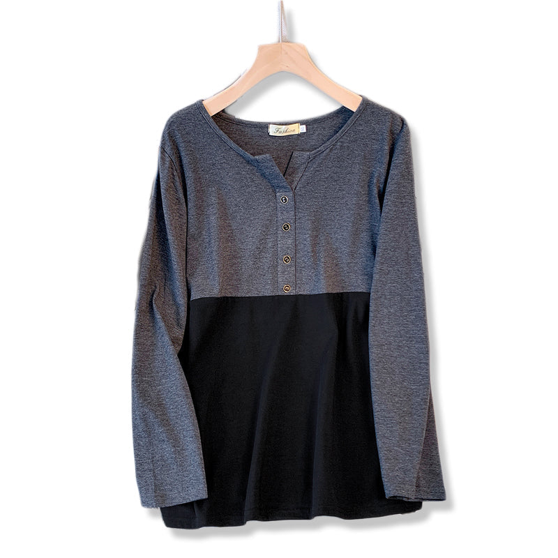 Plus Size Henley Button Notch Neck Long Sleeve Top