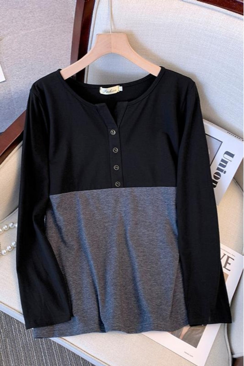 Plus Size Henley Button Notch Neck Long Sleeve Top