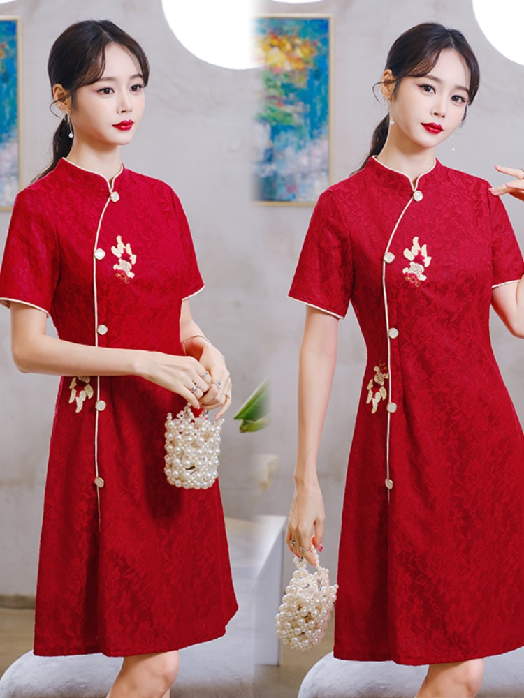 Plus Size Koi Fish Embroidered Red A Line Cheongsam Dress