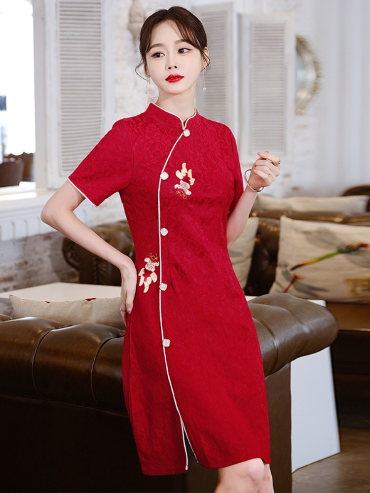 Plus Size Koi Fish Embroidered Red A Line Cheongsam Dress