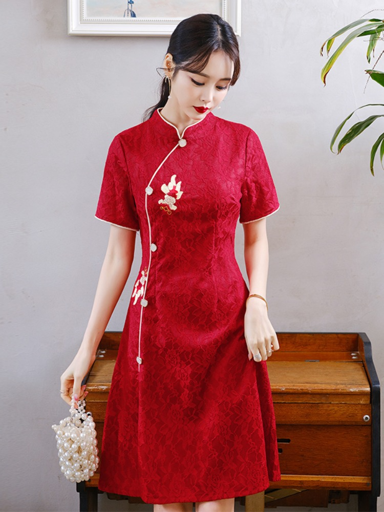 Plus Size Koi Fish Embroidered Red A Line Cheongsam Dress