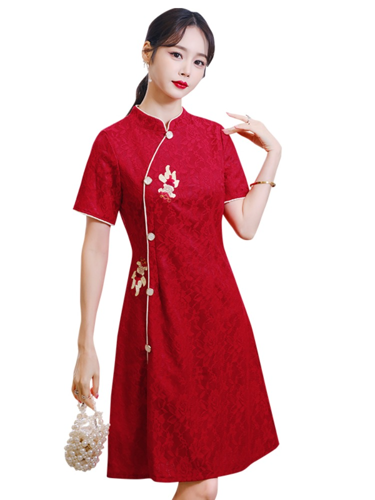 Plus Size Koi Fish Embroidered Red A Line Cheongsam Dress