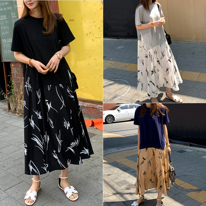 Plus Size Korean Art Layer T Shirt Midi Dress