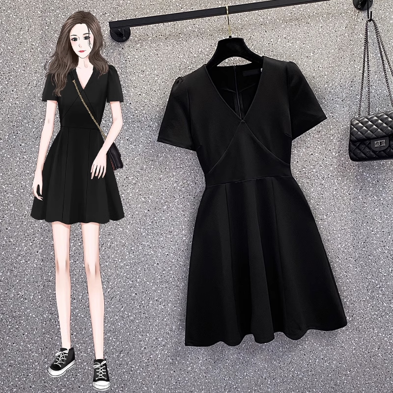 Plus Size Korean Black V Neck Short Sleeve Dres