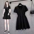 Plus Size Korean Black V Neck Short Sleeve Dres