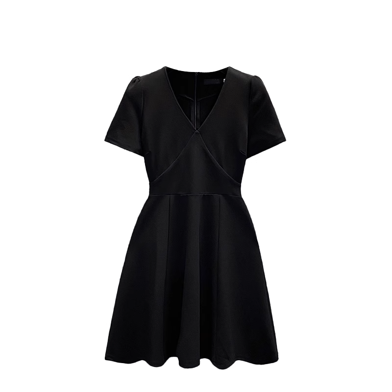 Plus Size Korean Black V Neck Short Sleeve Dres