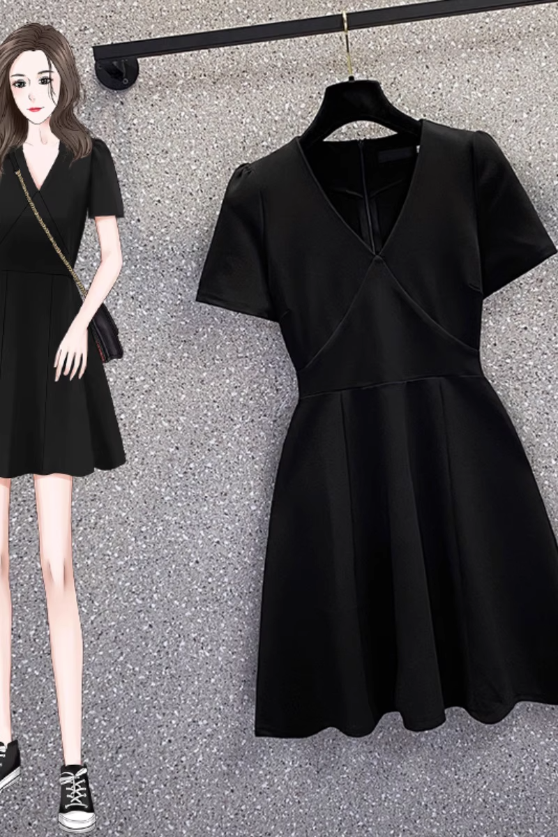 Plus Size Korean Black V Neck Short Sleeve Dres