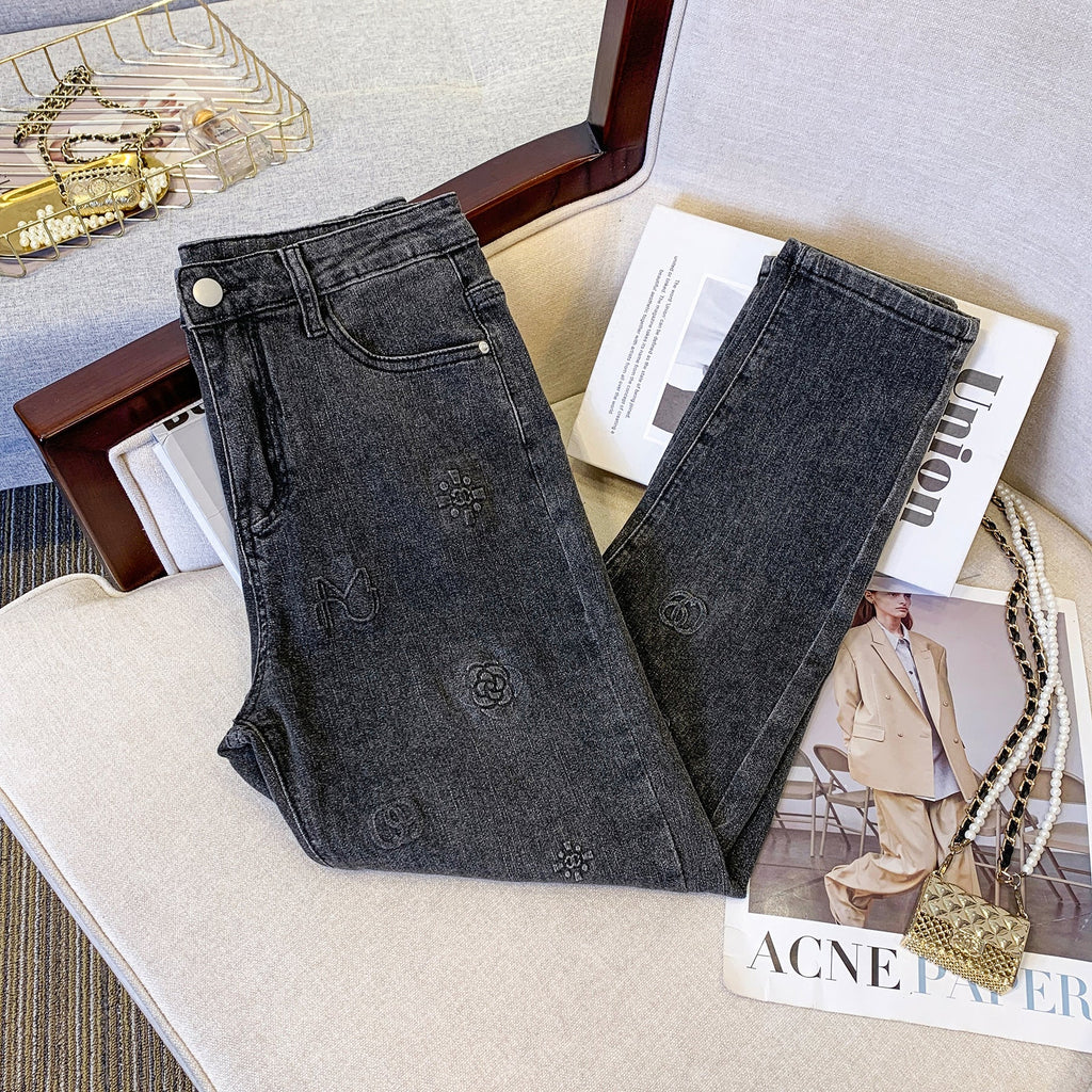 Plus Size Korean Floral Imprint Jeans