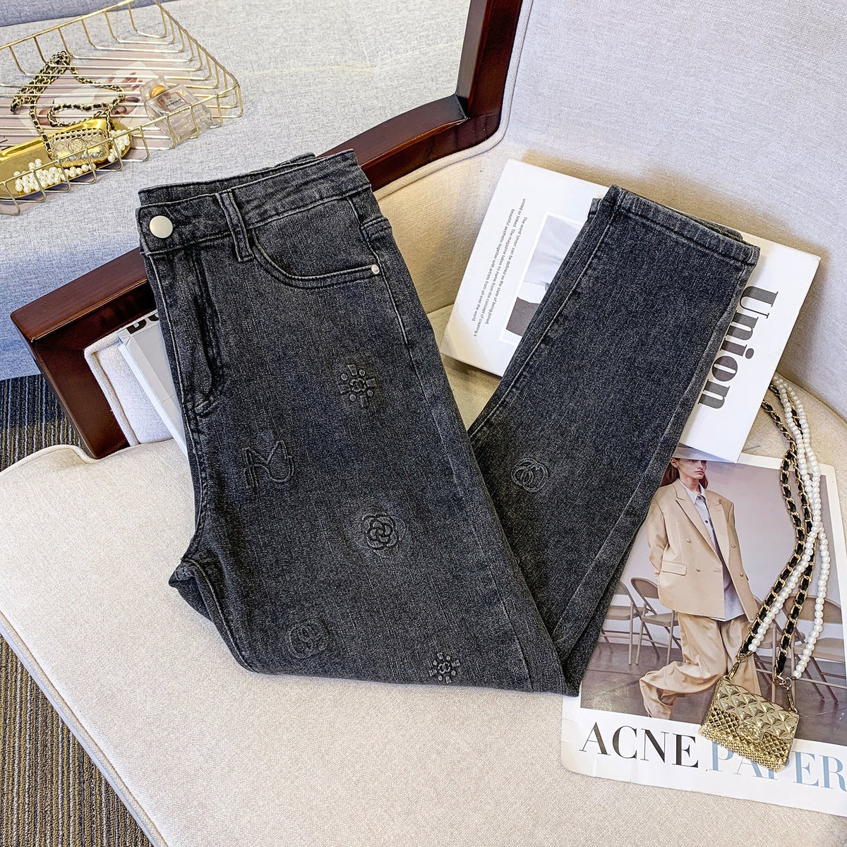 Plus Size Korean Floral Imprint Jeans