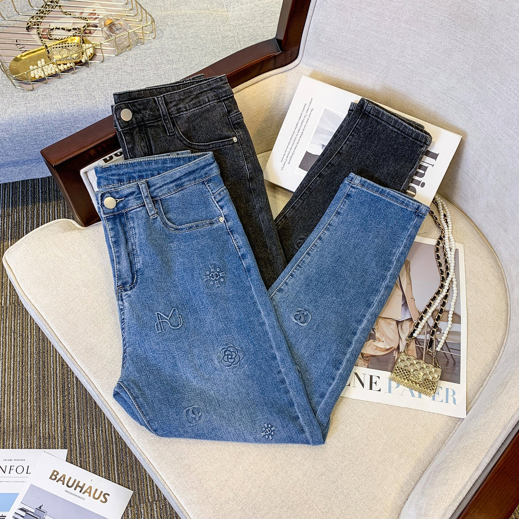 Plus Size Korean Floral Imprint Jeans