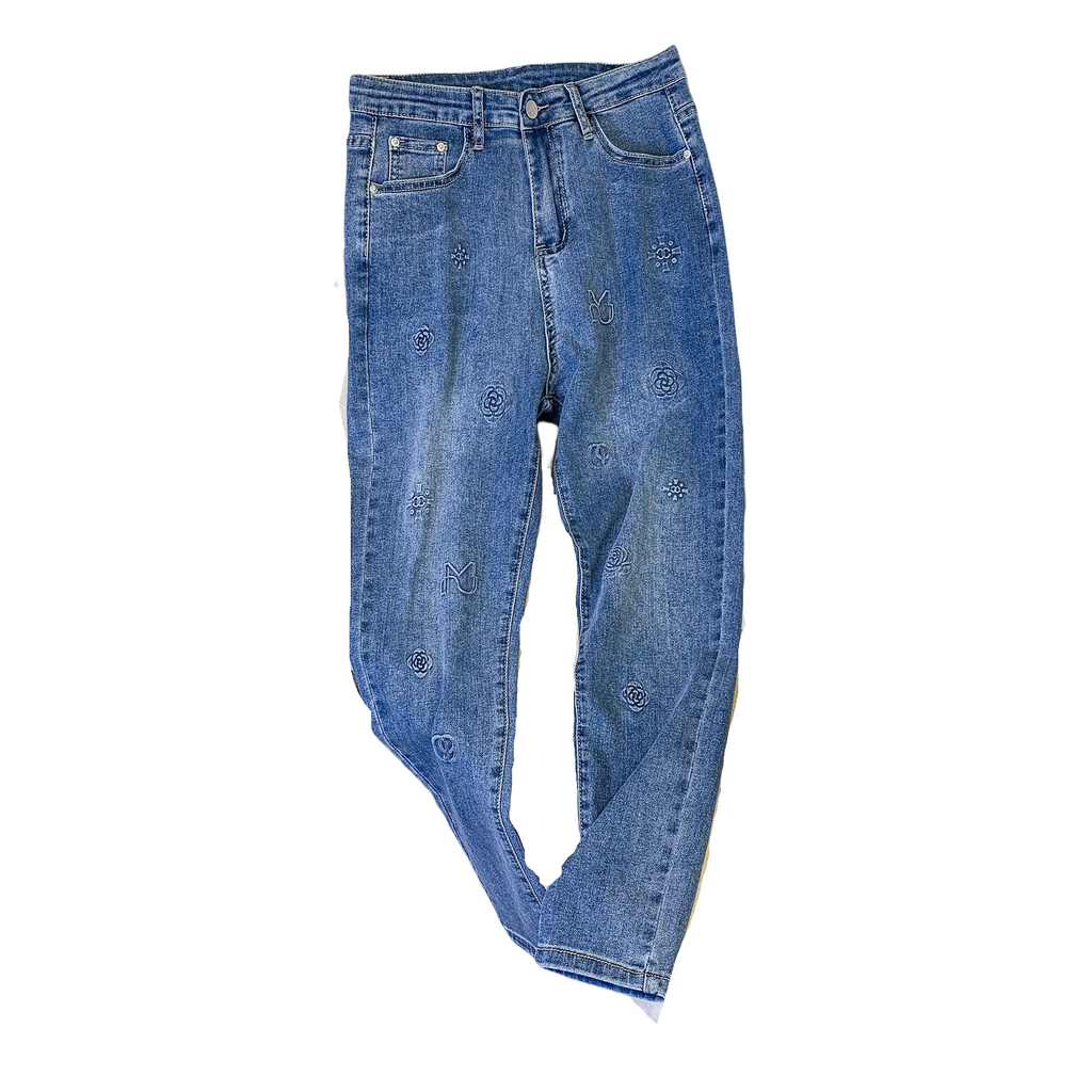 Plus Size Korean Floral Imprint Jeans