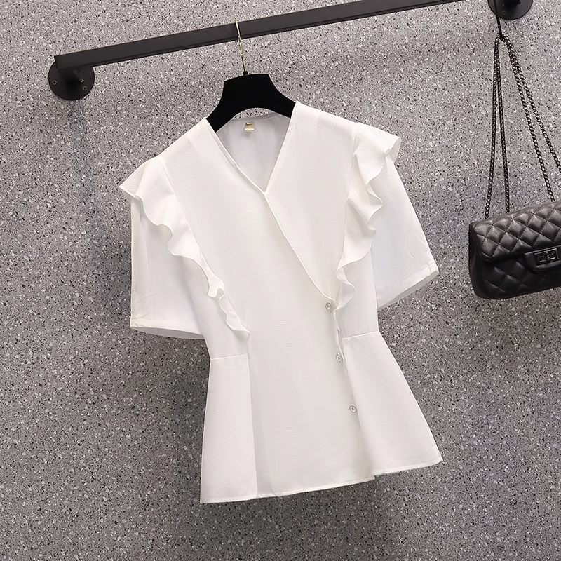 Plus Size Korean Frills V Neck Short Sleeve Blouse