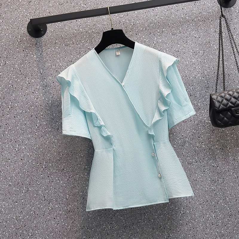 Plus Size Korean Frills V Neck Short Sleeve Blouse