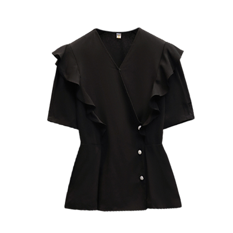 Plus Size Korean Frills V Neck Short Sleeve Blouse