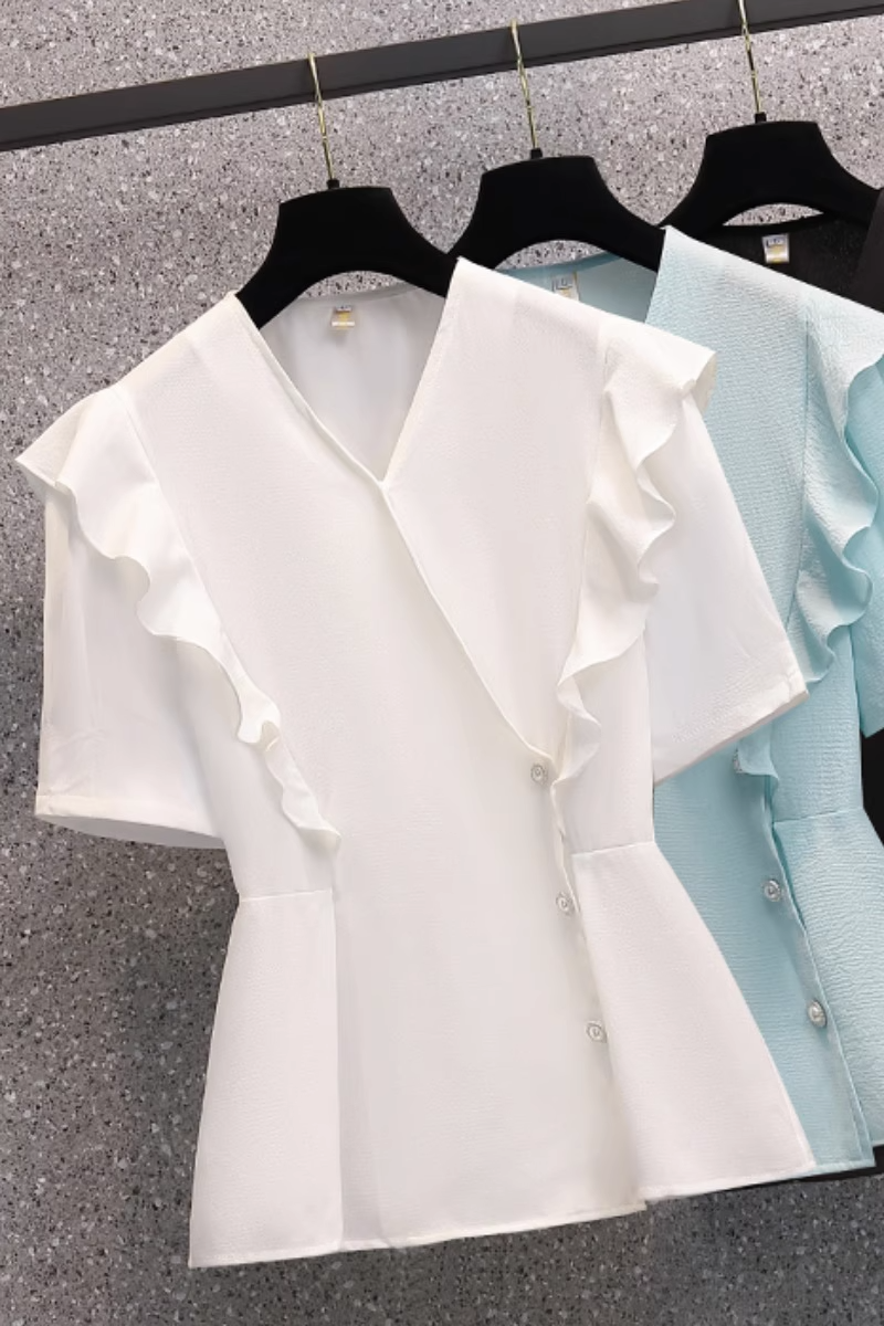 Plus Size Korean Frills V Neck Short Sleeve Blouse