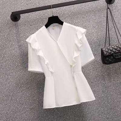 Plus Size Korean Frills V Neck Short Sleeve Blouse