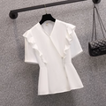 Plus Size Korean Frills V Neck Short Sleeve Blouse