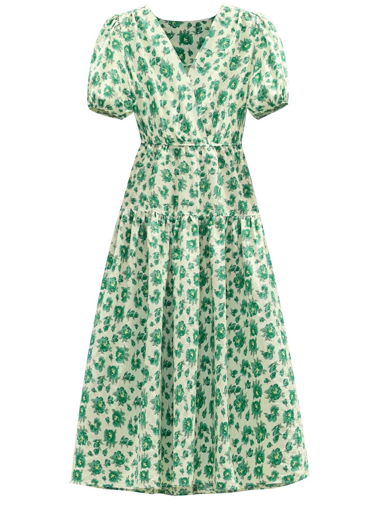 Plus Size Korean Green Wrap V Neck Midi Dress