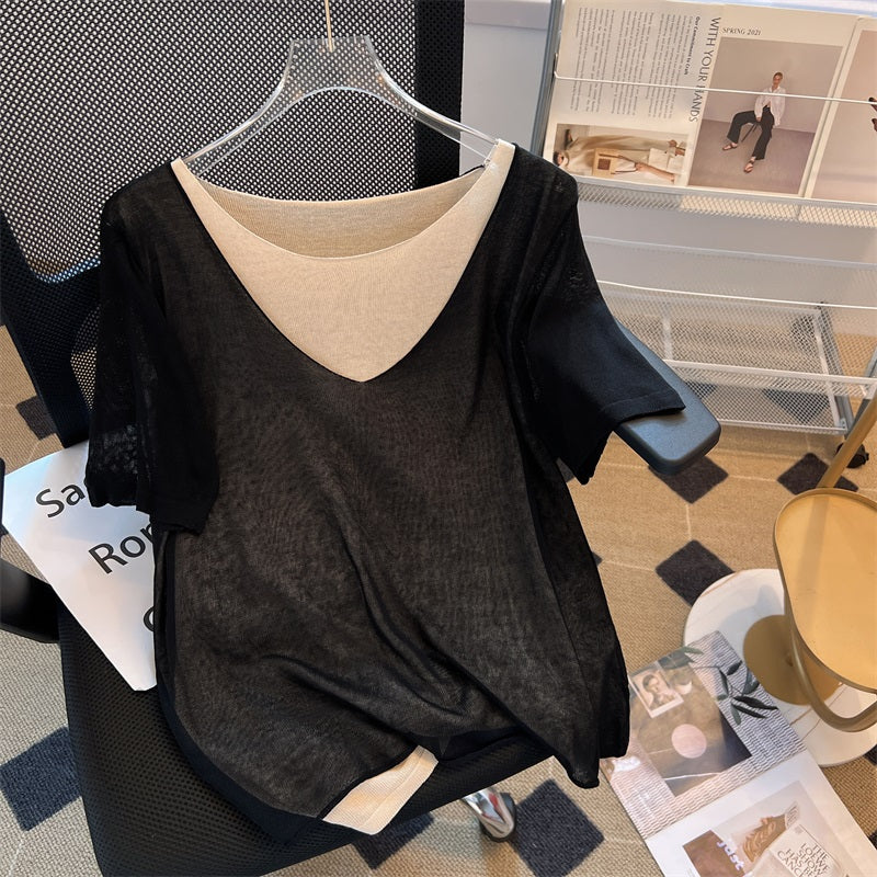 Plus Size Korean Knit V Neck Layer Blouse