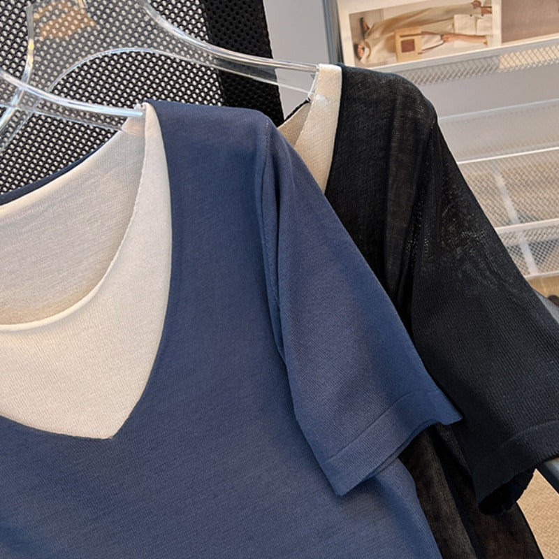 Plus Size Korean Knit V Neck Layer Blouse